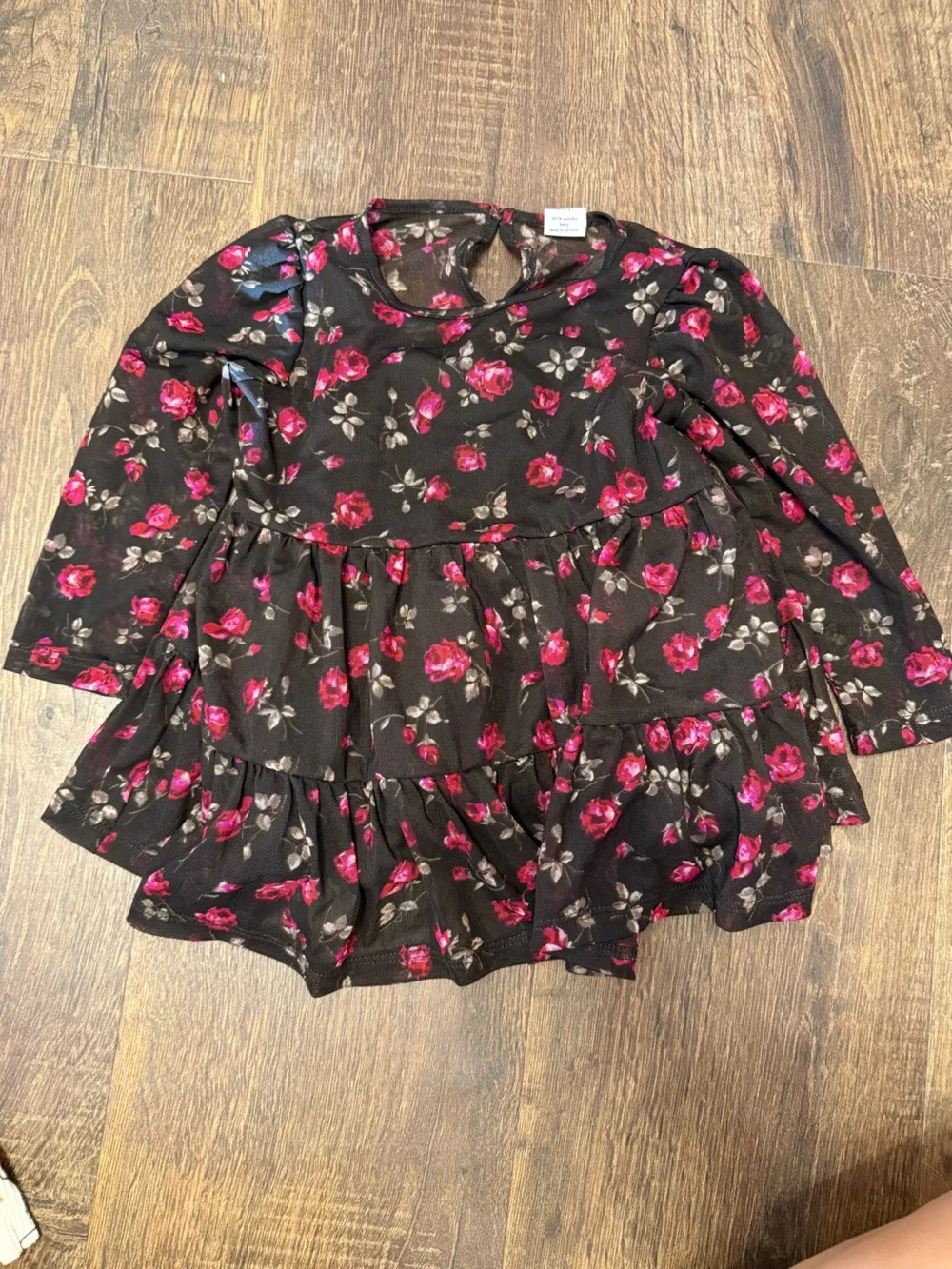 GAP Black Floral Long-Sleeve Dress with Pink Roses